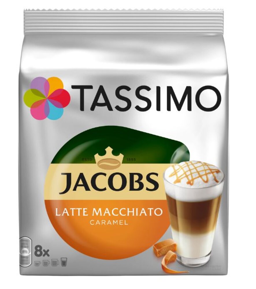 Capsule cafea, Jacobs Tassimo Caramel Macchiato, 8 bauturi x 295 ml, 8 capsule specialitate cafea + 8 capsule lapte